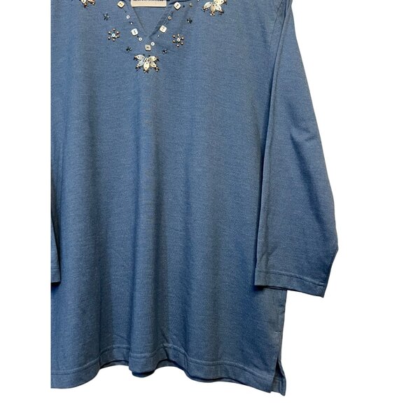 Alfred Dunner Women Blue Embellished Sequin Neckline 3/4 Sleeve Top L  Popover - Picture 4 of 14